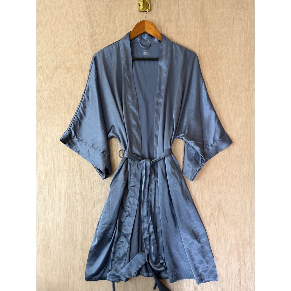 AW Bridal Satin Robe Dusty Blue Large Kimono Sleeve Belted Sleepwear Loungewear